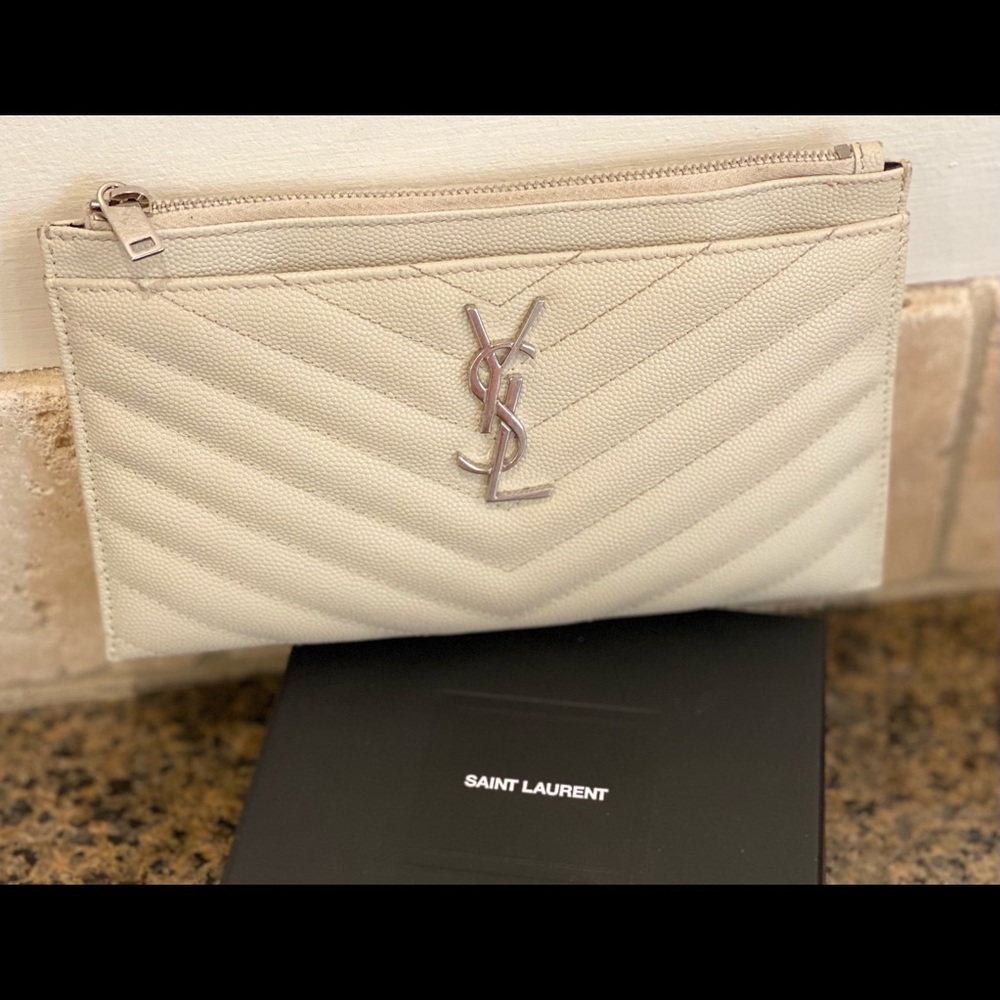 Yves Saint Laurent (YSL) Cream Monogram Bill Pouch with Embossed Leather